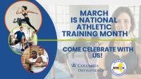 Graphic depicting several athletic training scenarios plus the announcement that March is National Athletic Training Month